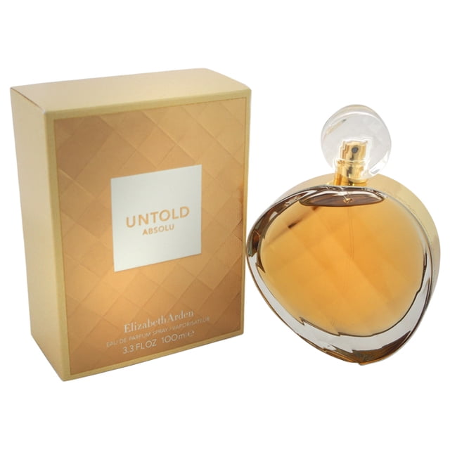 Elizabeth Arden Untold Absolu EDP For Her 100ml / 3.3oz perfume bottle displayed alongside its matching gold-toned box. The bottle features a sleek, curved design with a transparent cap, and the box has a quilted pattern with the product name prominently displayed.