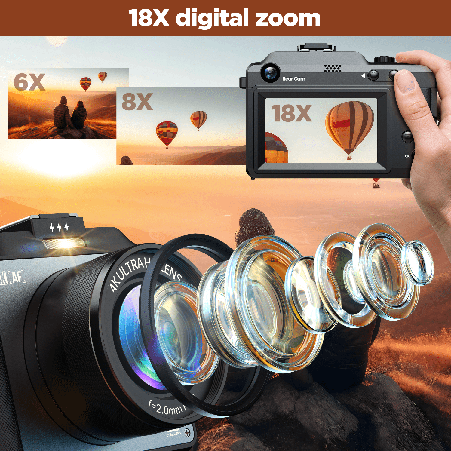 Campark AC16 64MP Digital Camera 4K/30FPS Video with Case, 64GB Card for Beginners