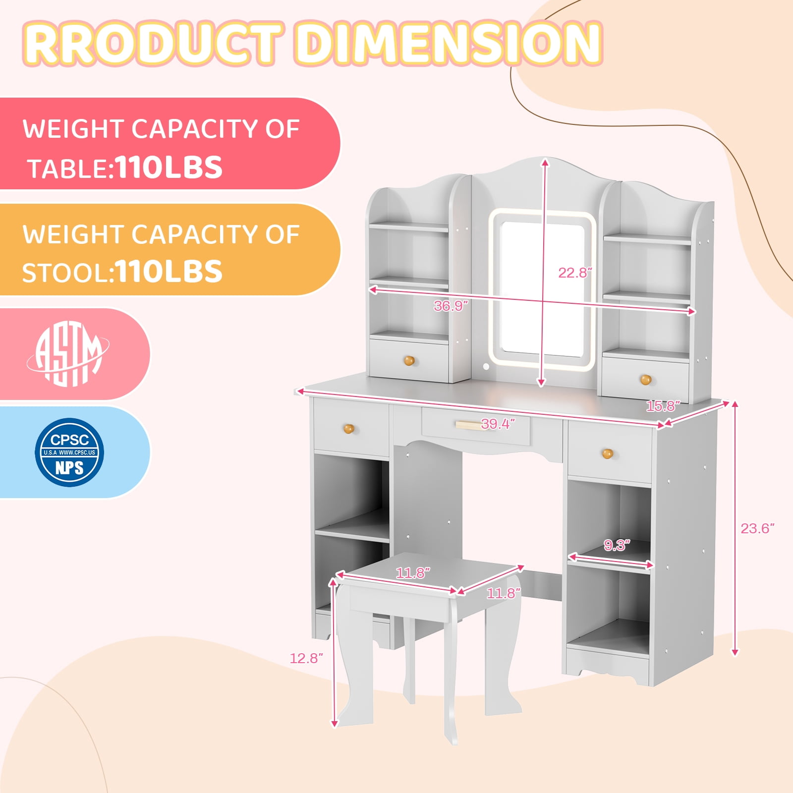 Pirecart Kids Vanity with 3 Color Lights, Girls Vanity Set with Mirror, Storage Drawer, Pretend Play Makeup Desk, with Detachable shelf, Gray