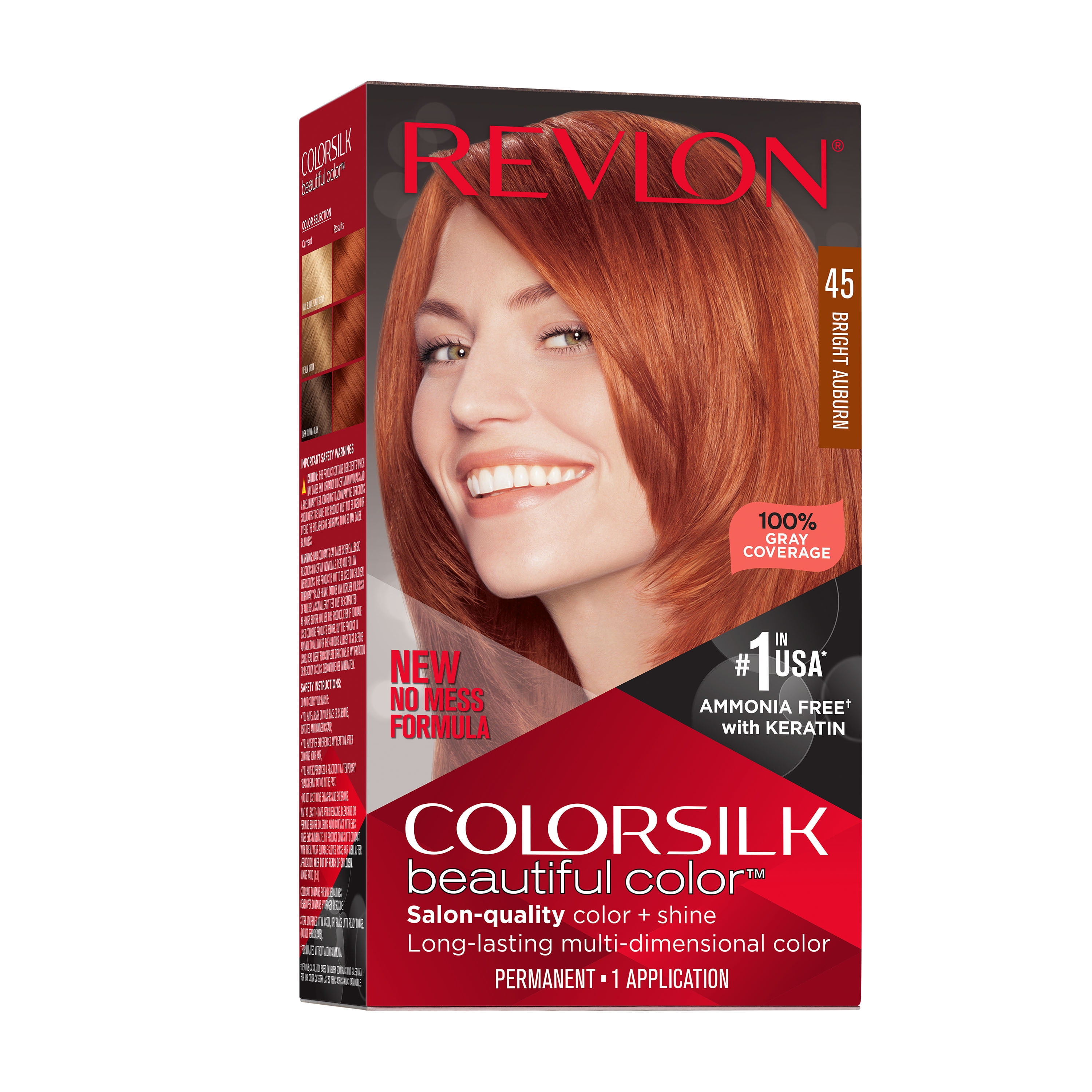 Revlon Colorsilk Beautiful Color Permanent Hair Color, Long-Lasting High-Definition Color, Shine & Silky Softness with 100% Gray Coverage, Ammonia Free, 045 Bright Auburn, 1 Pack