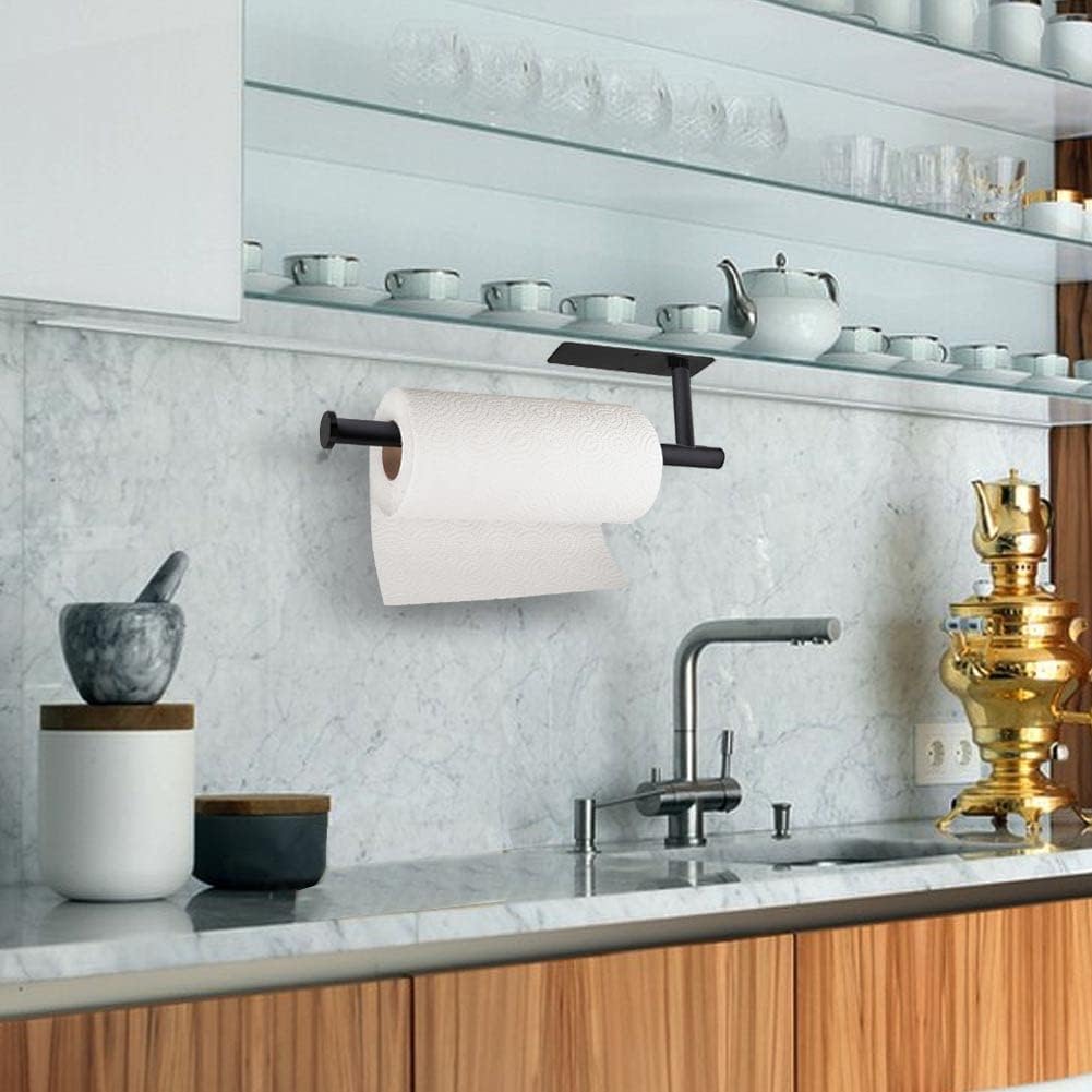 Paper Towel Holders for Kitchen- Under Cabinet Holder Roll Back Bathroom Towel, Wall Mounted Black Rack 304 Stainless Steel, Adhesive or Drilling Mounting