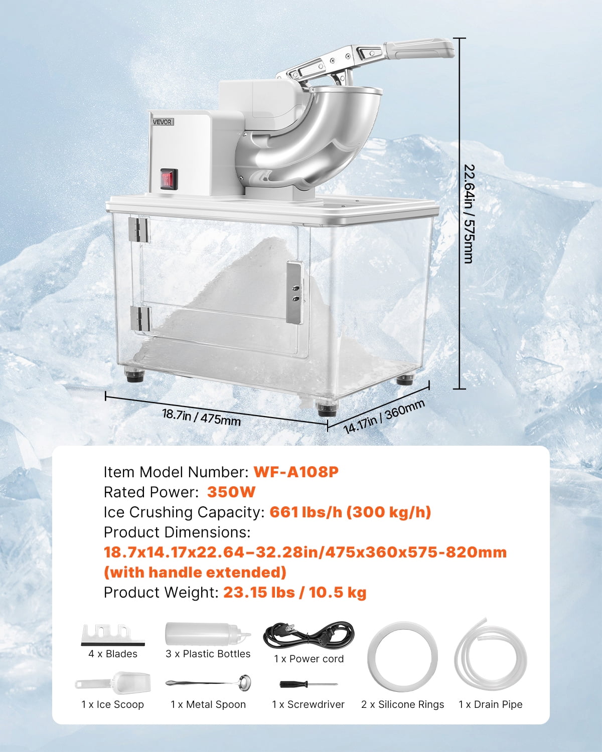 VEVOR Commercial Ice Crusher 661LBS/H, 350W Electric Snow Cone Machine with 4 Blades, 1400RPM Stainless Steel Shaved Ice Machine with 11 Gal Crushed-Ice Box,