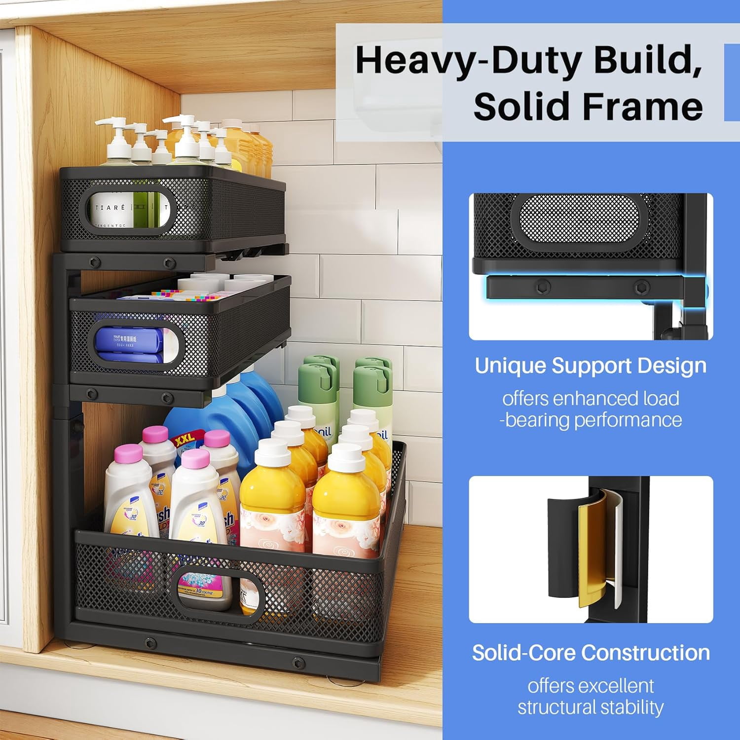 HERJOY Under Sink Organizer, 2-Pack 3-Tier Height Adjustable Thickened Metal Pull out Cabinet Organizer Shelf, Slide out Storage Drawer Rack for Bathroom Kitchen Pantry Home Laundry Organization