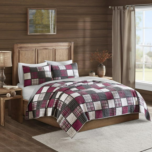 Woolrich Reversible Quilt Cabin Lifestyle Design - All Season, Breathable Coverlet Bedspread Bedding Set, Matching Shams, Full/Queen(92"x96"), Plaid Red/Grey, 3 Piece