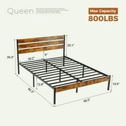 edx Queen Size Metal Bed Frame with Wooden Headboard, Under Bed Storage, 800LBS Support, Noise-Free, No Box Spring Needed, Easy Assembly, Brown