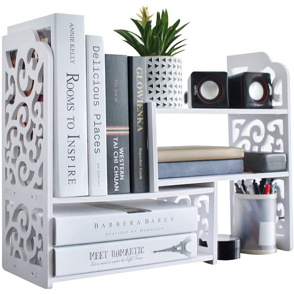 Desk Shelves Desktop Orgnizer Shelf-White Office Organization for Top of Adjustable Desk Organizers and Corner Bookshelf Table Top Shelving Small Hutch Decorations for Women Office