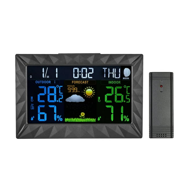Youkk Station Météo Couleur LCD Intérieur Extérieur Capteur d'Humidité Snooze Calendrier