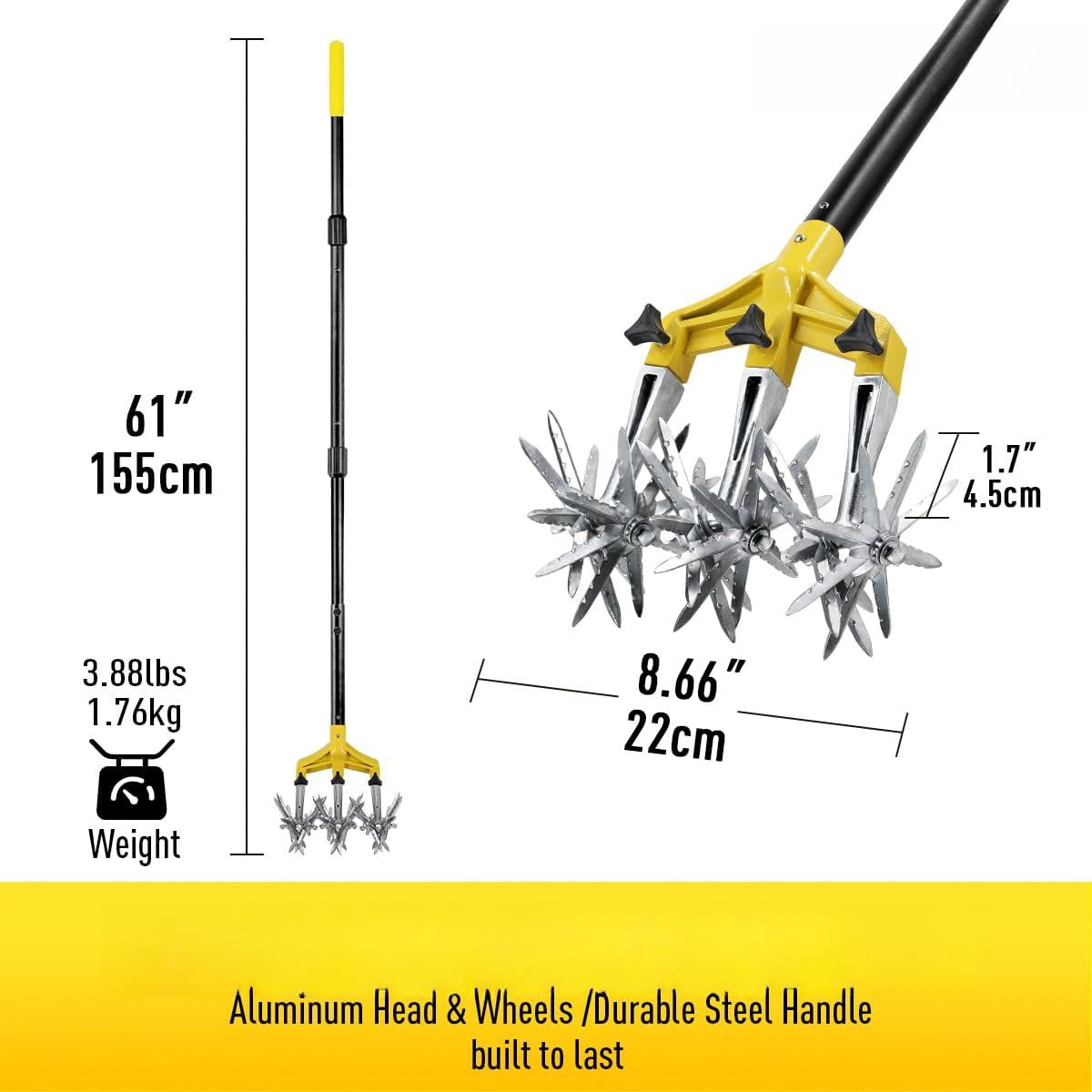 Rotary Cultivator Garden Tool 61''  Hand Tiller With Detachable Aluminum Tines Cultivators For Gardening Soil Or Reseeding Grass Manual & Tillers Flowers Beds