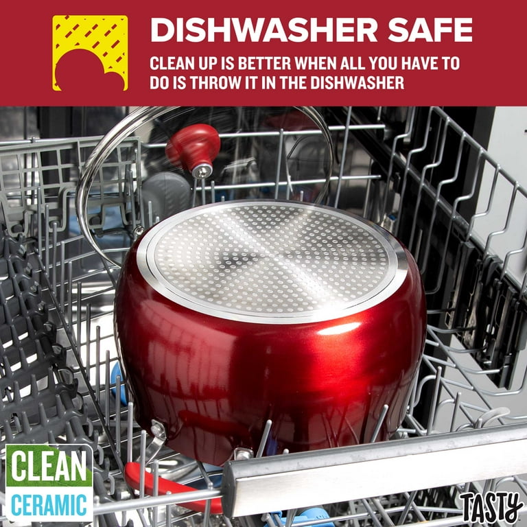 Tasty 24 Piece Non-Stick Aluminum Cookware Set, Red - Dishwasher Safe