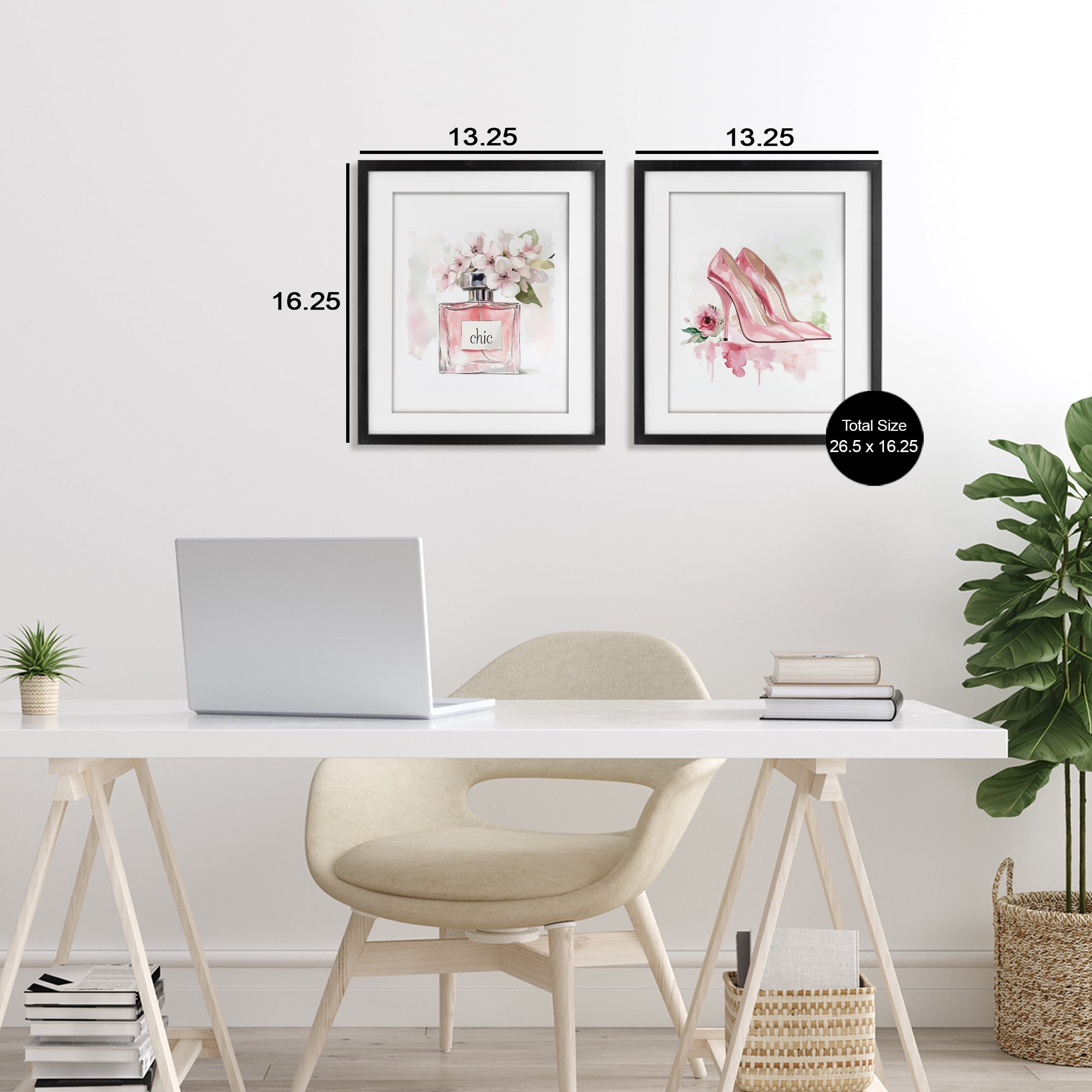 Rosy Pastel Perfume & Heels 2 Piece Black Framed Print Under Glass Set, design by Christine Simpson Art
