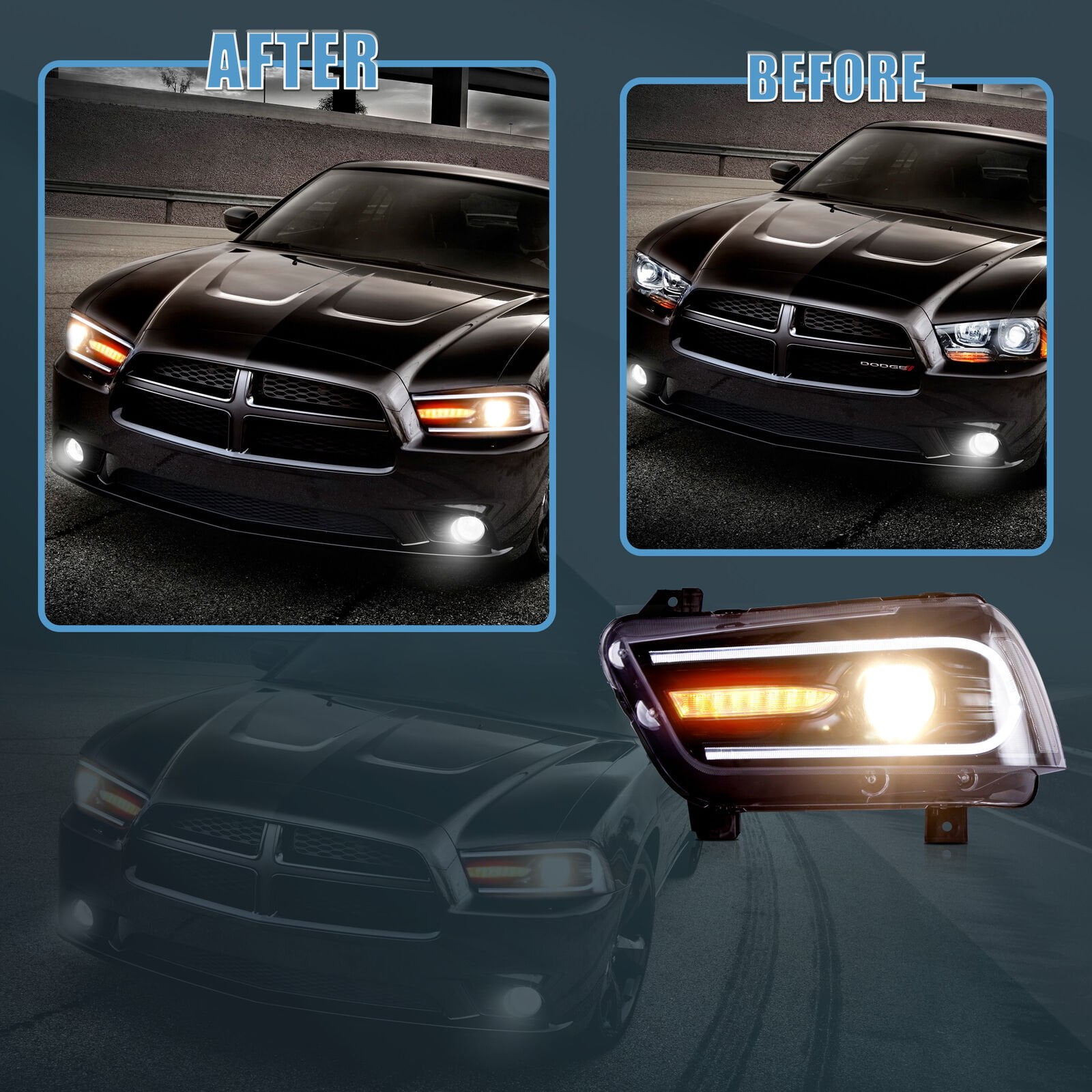 VLAND for Dodge Charger 2011 2012 2013 2014 Dual Beam Projector Headlights Replacement Assembly (Bulbs Included)