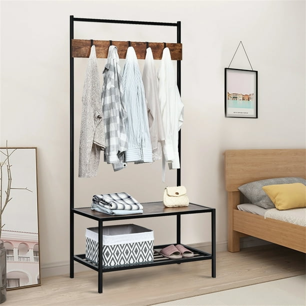 Perchero Burro de Ropa Costway con Zapatero 5 Ganchos Metálico Marrón 90 x 40 x 170,5 cm
