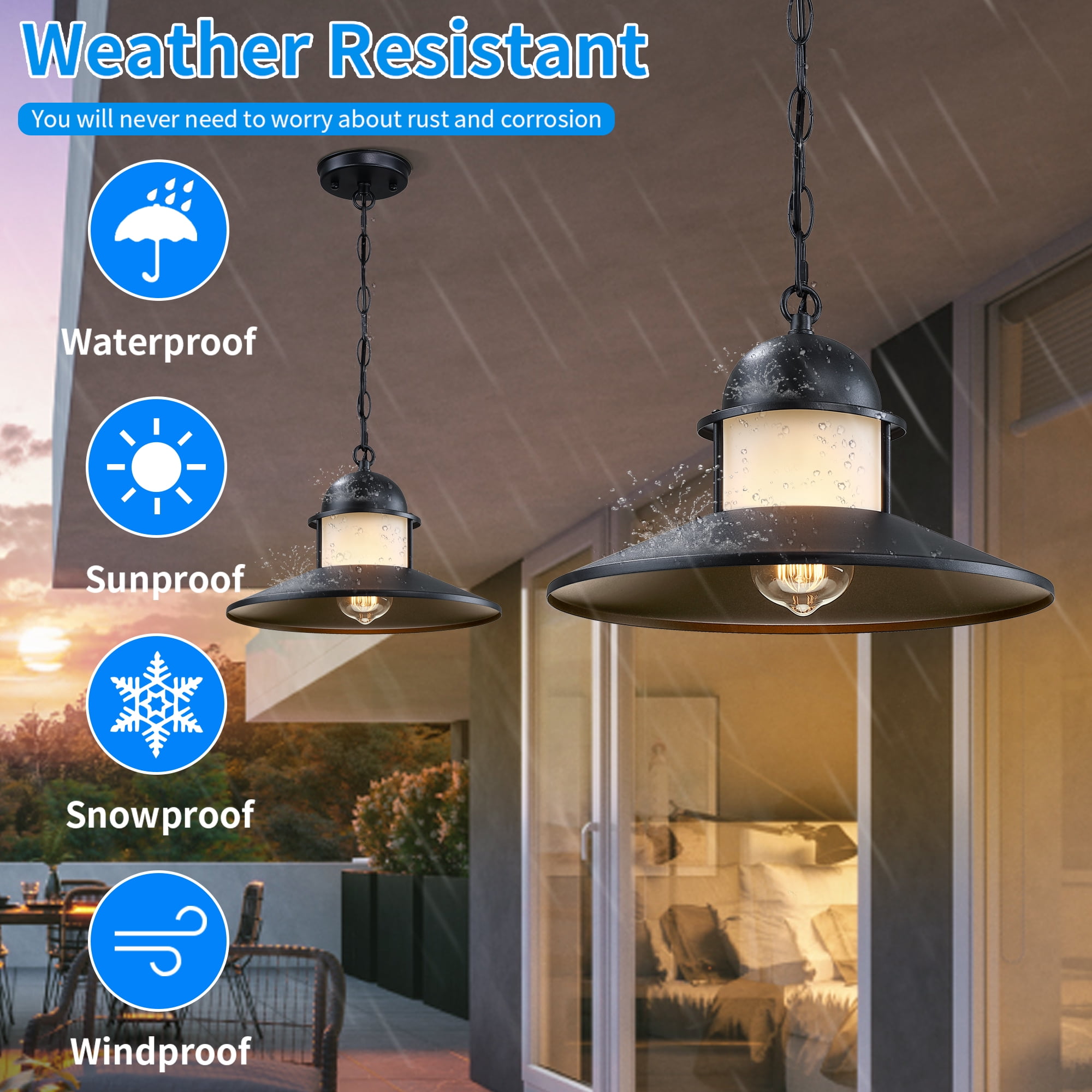 Outdoor Pendant Light 2 Pack, Modern Outside Chandelier Outdoor Hanging Lantern Light in Matte Black with Frosted Glass, Exterior Pendant Lighting Fixture Ceiling Mount for Porch Patio Gazebo