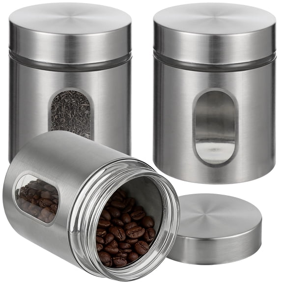 3PCS Stainless Steel Canisters, 20oz Food Storage Jars with Clear Glass Window, Airtight Coffee Tea Canisters, Kitchen Counter Storage Containers for Coffee Beans, Tea, Sugar