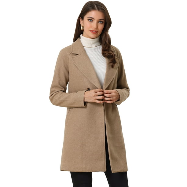 Abrigos de invierno raglán cruzados con solapa con muesca para mujer Allegra K Caqui Oscuro XS