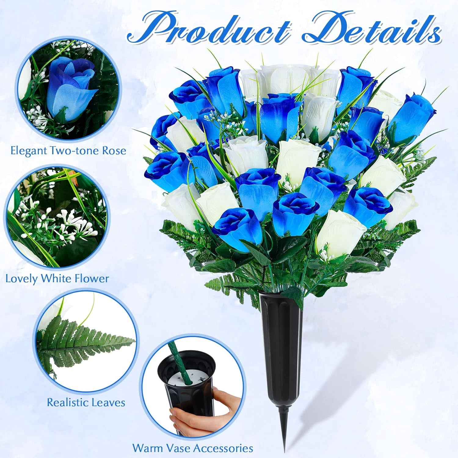 2 Pack Spring Easter Cemetery Flowers with Grave Vase 48 Heads Memorial Day Artificial Rose Fake Silk Flower Bouquet Easter Grave Flowers for Cemetery Graveside(Yellow)