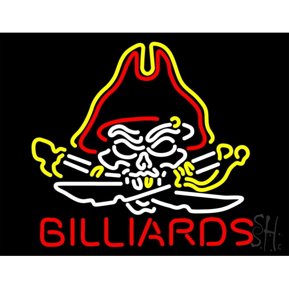 Pirate Skull Billiards LED Neon Sign 15" Tall x 19" Wide - inches Black Square Cut Acrylic Backing, with Dimmer - Premium built indoor Sign for Storefront, Store interior, Bar, Game zone, Clubs.
