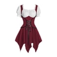 thumbnail image 2 of Women's Pirate Wench Costume Short Puff Sleeve Lace Up Corset Asymmetrical Handkerchief Hem Dress Gothic Fairy Cosplay Outfit for Halloween Theme Party, 2 of 6