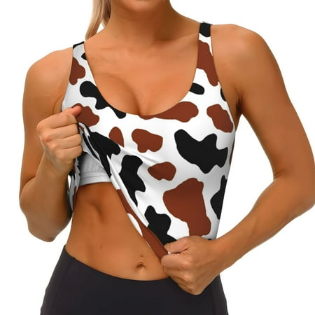 Qokaie Brown Black Cow Pattern Womens Scoop Neck Sports Bra Breathable Workout Vest Padded U Back Medium Impact Fitness Gym Yoga Bra Workout Crop Top
