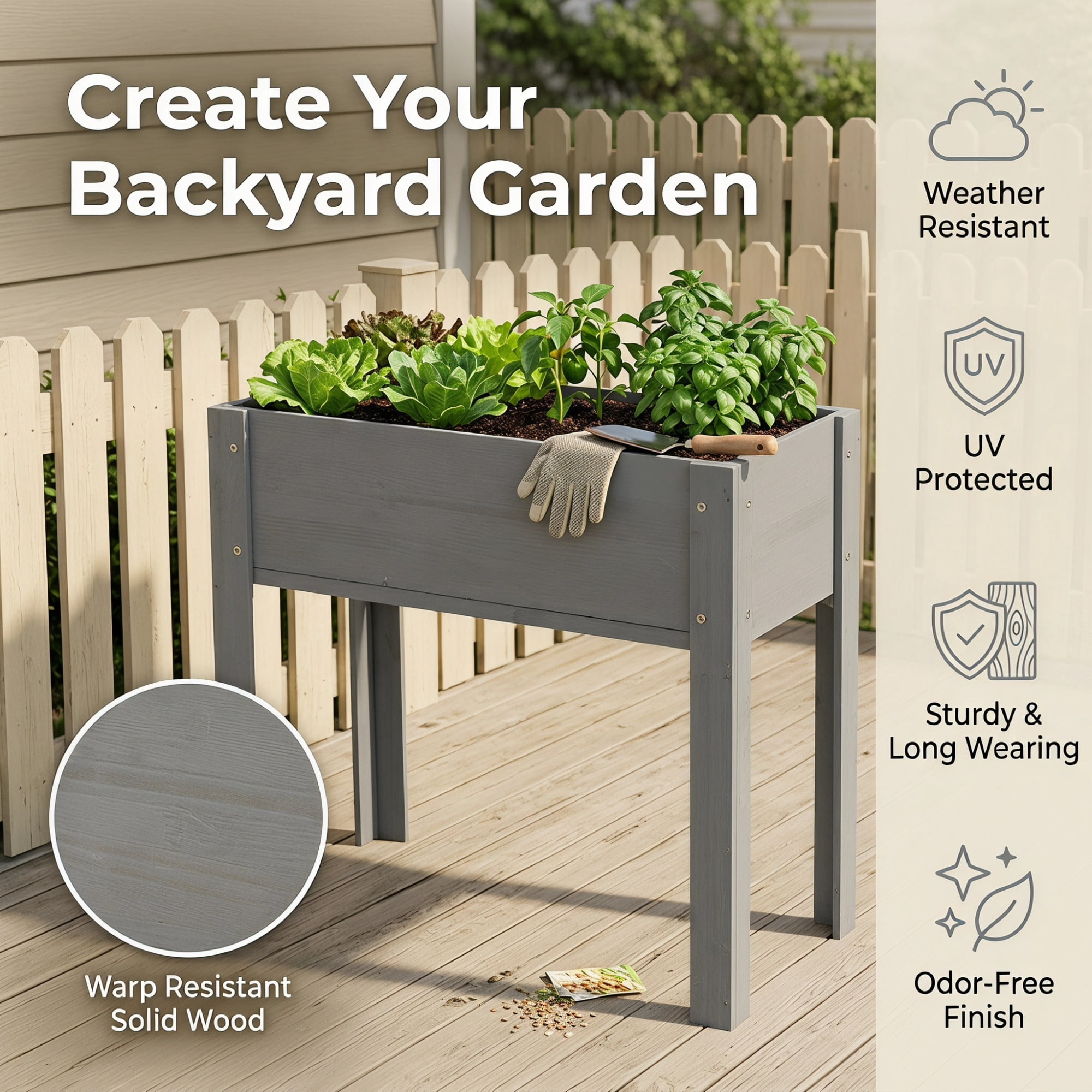 Leumius 31x31x16 Inch Raised Garden Bed with Legs, Elevated Wooden Planter Box for Outdoor Plants Flowers Fruits Vegetable Herb Growing Grey