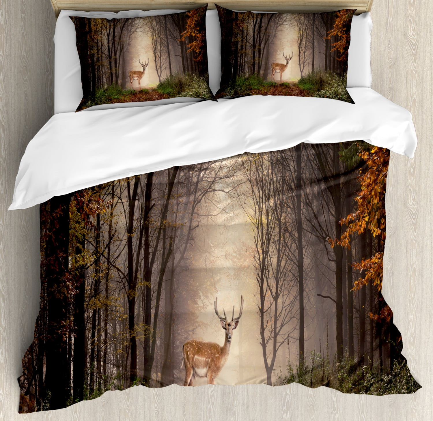 Wildlife King Size Duvet Cover Set, Stag Deer Discovers a Dreamy Misty ...