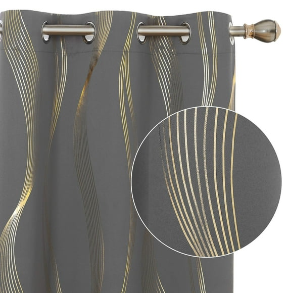 Deconovo Thermal Insulated Blackout Curtains, Energy Efficient Short Curtains, Grommet Wave Foil Golden Print Grey Curtains, 2 Panels, 42x54 Inch