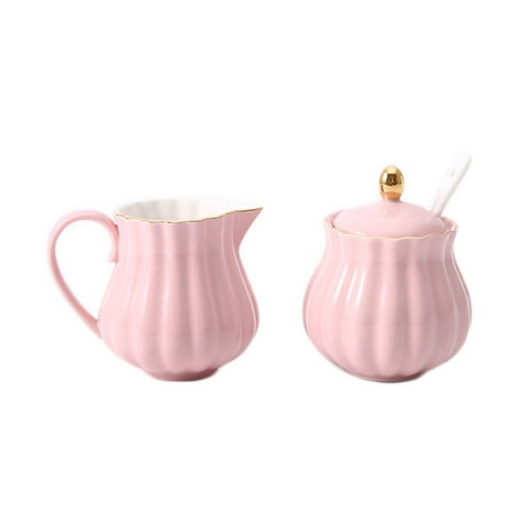 CHOOLD Elegant Flower Design Ceramic Sugar and Creamer Set with Lid Spoon Creamer Serving Set Coffee Serving Set Wedding Gift 7.5oz