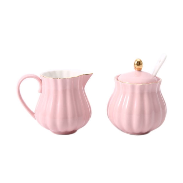 CHOOLD Elegant Flower Design Ceramic Sugar and Creamer Set with Lid Spoon Creamer Serving Set Coffee Serving Set Wedding Gift 7.5oz