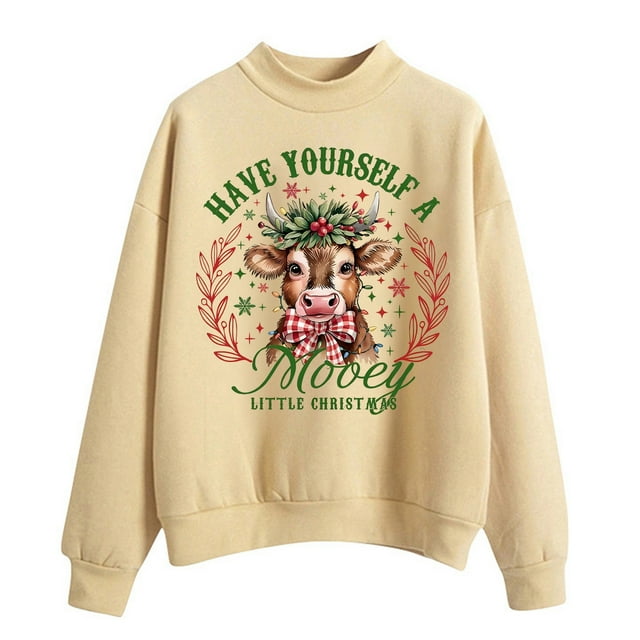 HNMKIU Hauts pour Femmes Imprimé Vache de Noël Chandail Col Rond Manches Longues Chandail en Molleton Imprimé Vache Col Rond