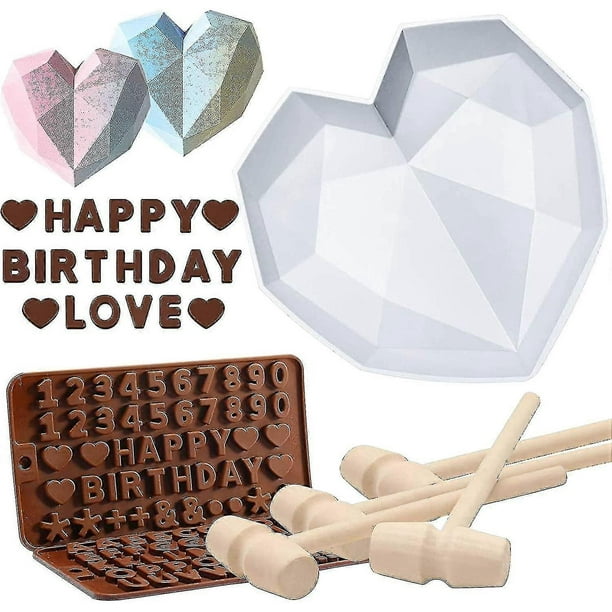 Heart Molds For Chocolate 8.7 Inch Large Silicone Cake Mold, 2 Pc Silicone Letter Mold And 4 Pc Hammer For Valentine Candy Mousse Cake