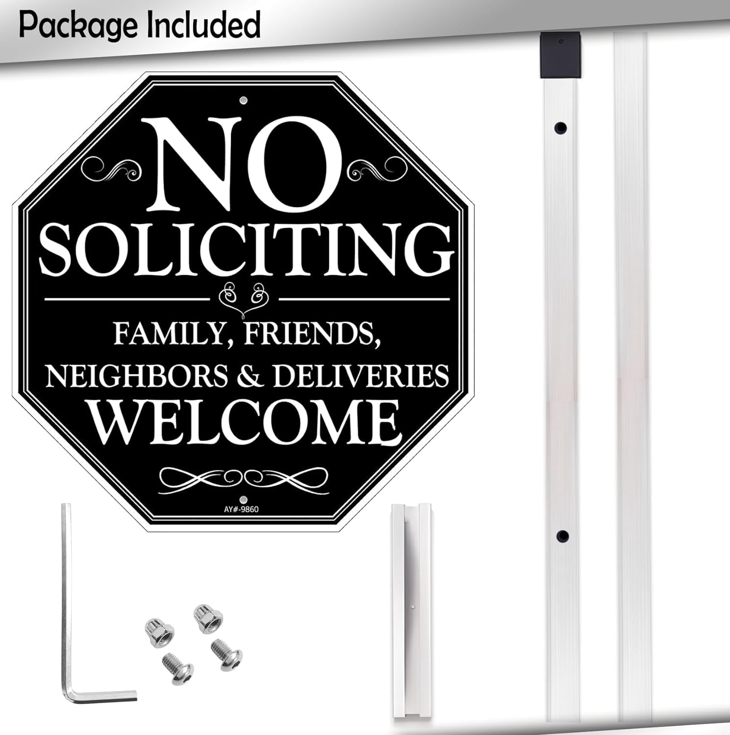 No Soliciting Sign for House, 10" x 28" No Solicitors Sign with Stake - Home Yard Decor, Metal Aluminum, Easy Install (No Soliciting, Friends Welcome)