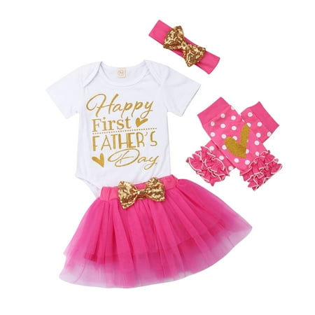 

Toddler Baby Girls 4Pcs Romper Sets Letter Printed Polka Dot Tutu Skirt with Headband Leg Warmer