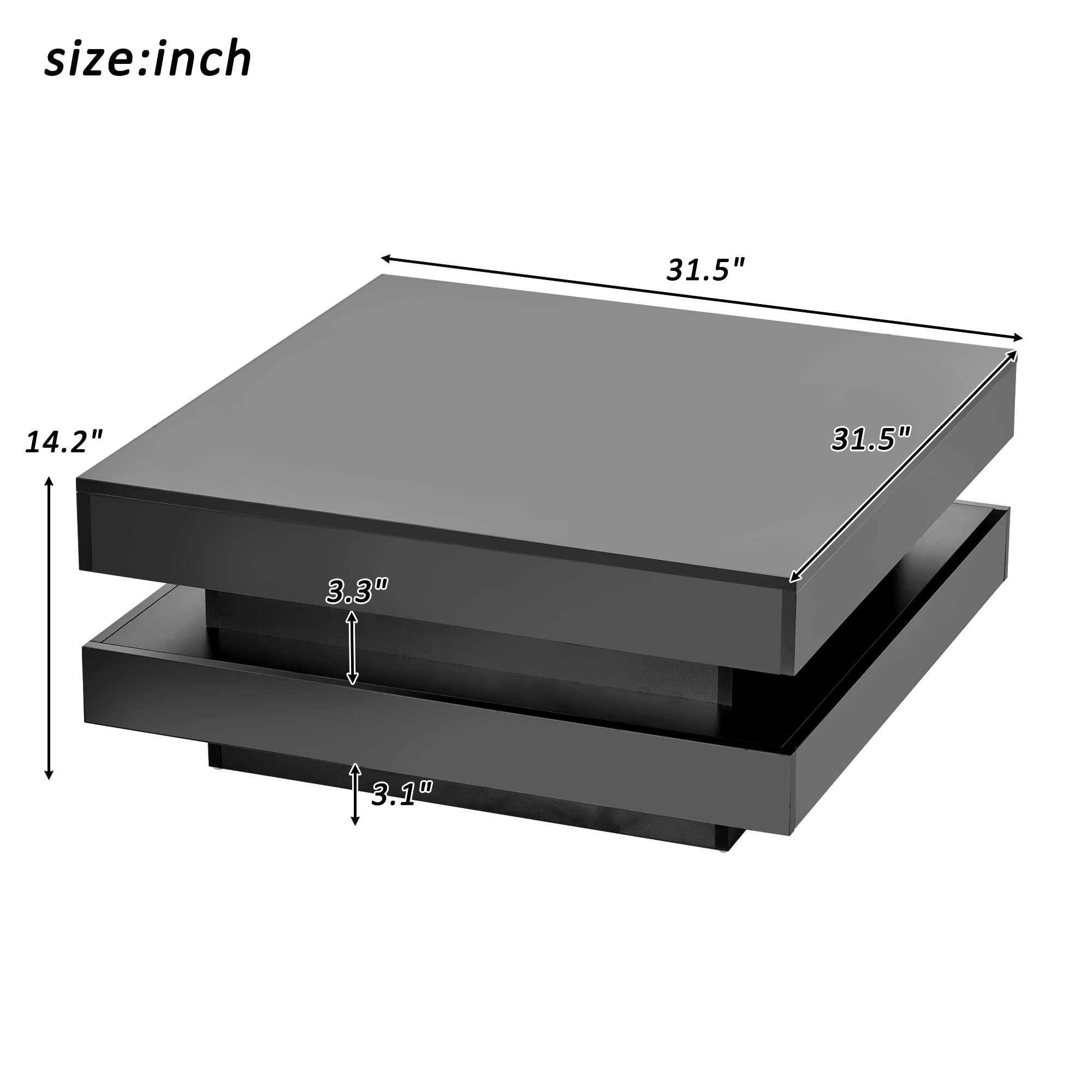 MAYEERTY High Gloss Minimalist Square Coffee Table with LED Lights, 2-Tier Center Table for Living Room, 31.5''x31.5''x14.2'', Black