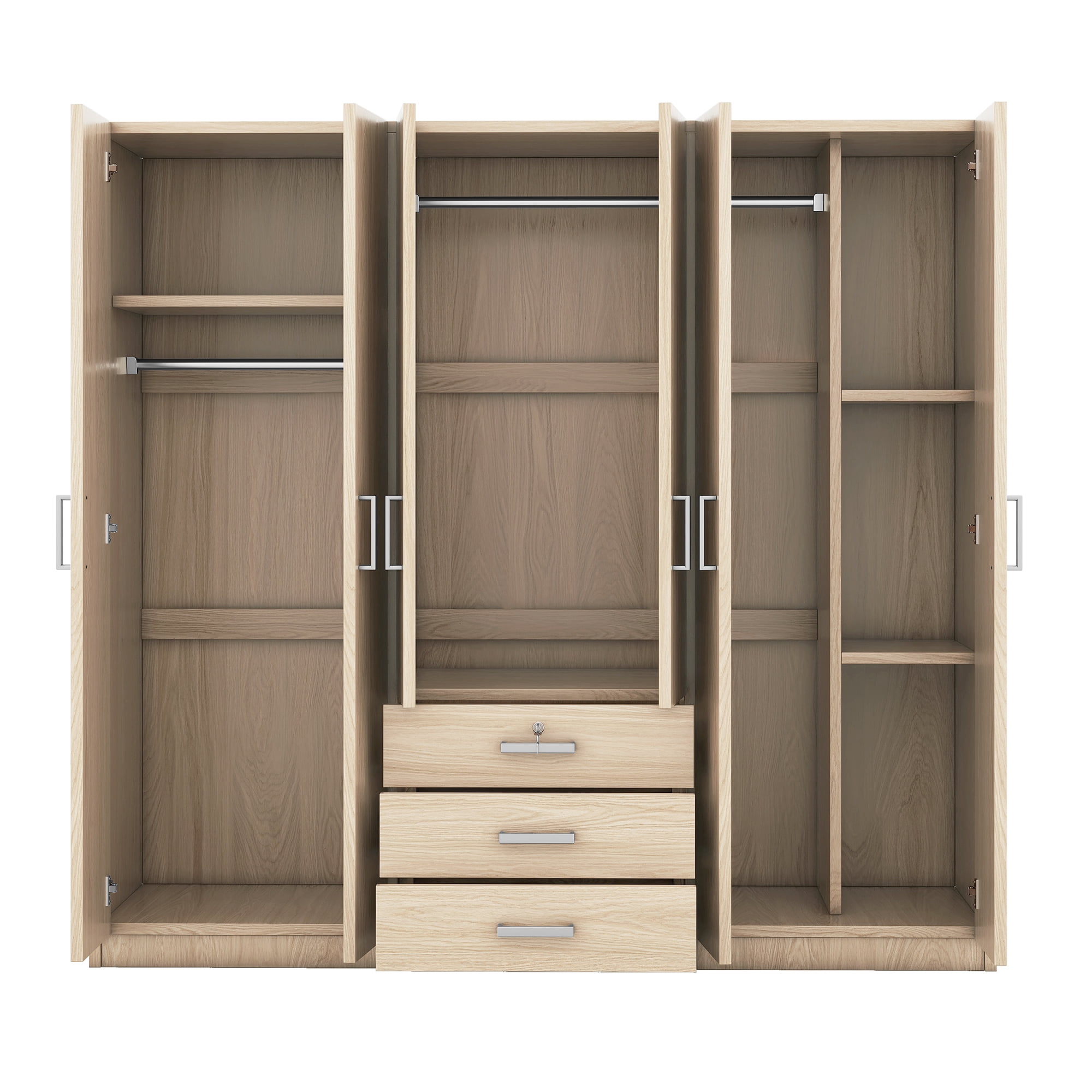 Modern Wardrobe Closet,Wooden Wardrobe Storage with 6-Doors & 2 Drawers for Bedroom,Natural