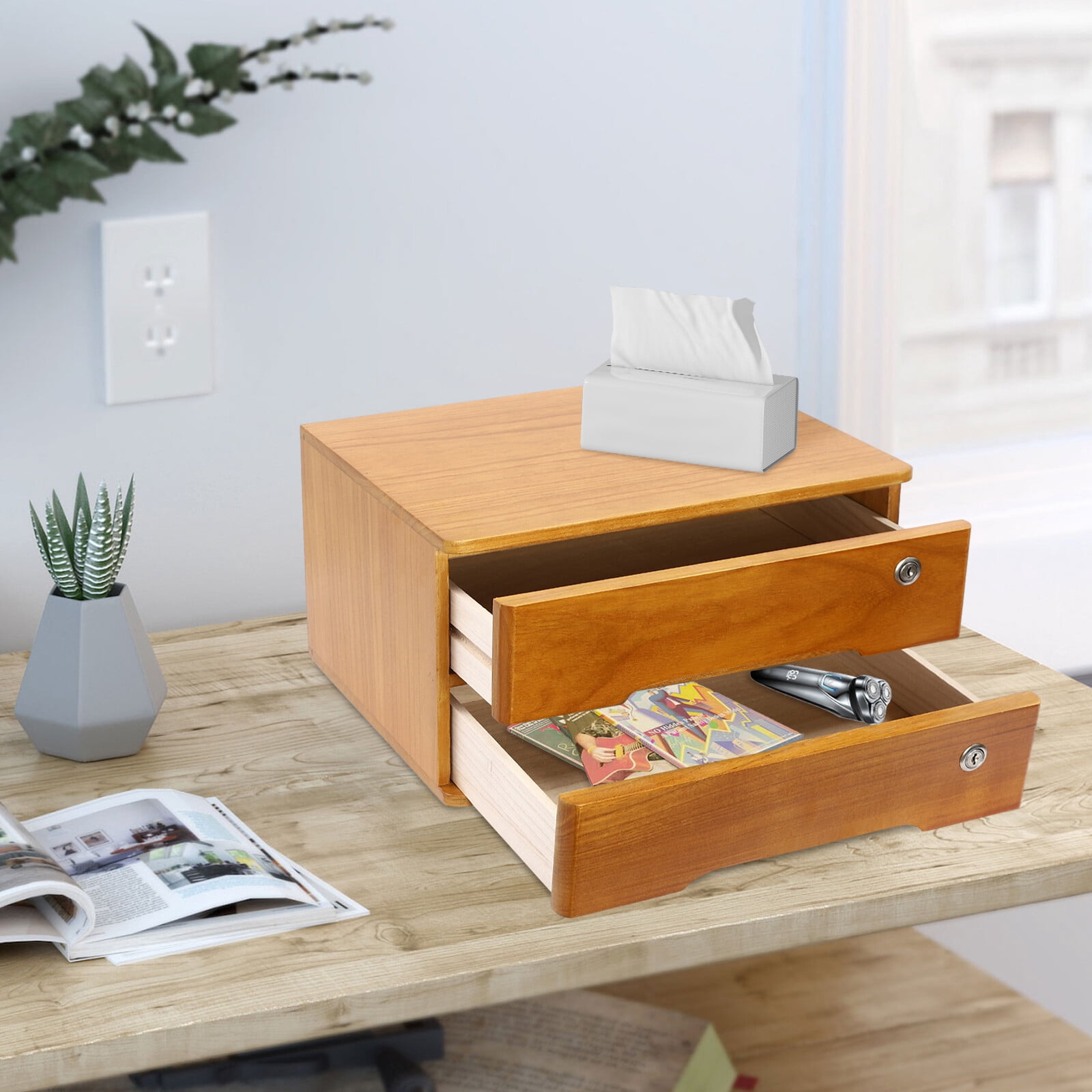 2-Tier Wood Yellow Rectangle Office Lockable Desktop Box Storage Drawer Files Organizer Multi-purpose
