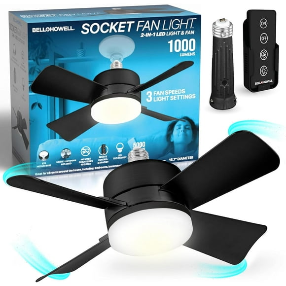 Bell + Howell Socket Fan Light Black 2-in-1 LED Bulb 1000 Lumens with Remote Control 3 Speeds 3 Light Settings E26 Base