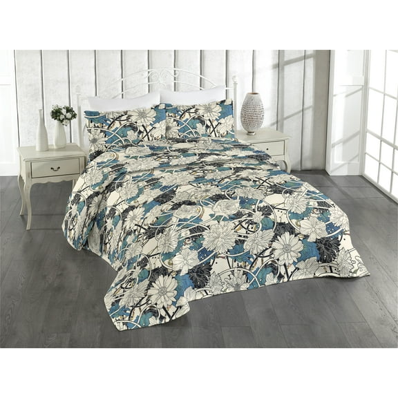Ambesonne Flower Quilted Bedspread Set 3 Pcs, Abstract Floral Ornaments, King, Champagne and Dark Turquoise