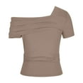 thumbnail image 4 of Lovskoo 2024 Women's One Off The Shoulder Top Short Sleeve Boat Neck Ruched Going Out Crop Top Slim Summer Y2K T Shirt Khaki S, 4 of 7