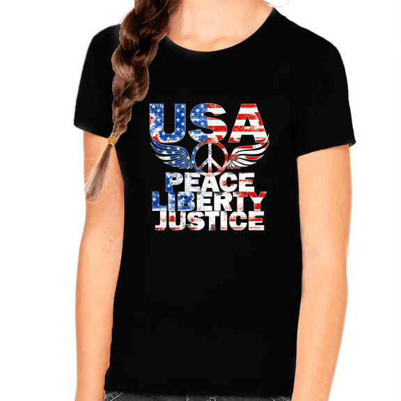 4th of July Shirts for Girls USA Shirt Patriotic Shirts for Girls Peace Liberty Justice American Flag Shirt