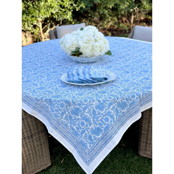 Blue and White Floral Hand Block Printed Luxury Cotton Tablecloth, Rectangle Dining Table cover, 72 x 135 in. Wedding, Baby Shower, Housewarming, Dinner Party, Outdoor Dining, Picnics.