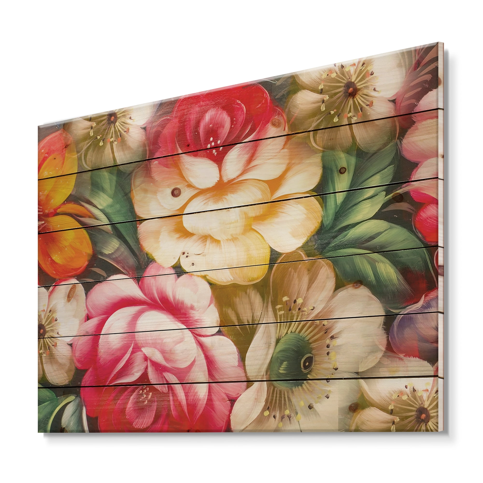 Designart 'Red and Yellow VIntage Flowers' Traditional Print on Natural Pine Wood