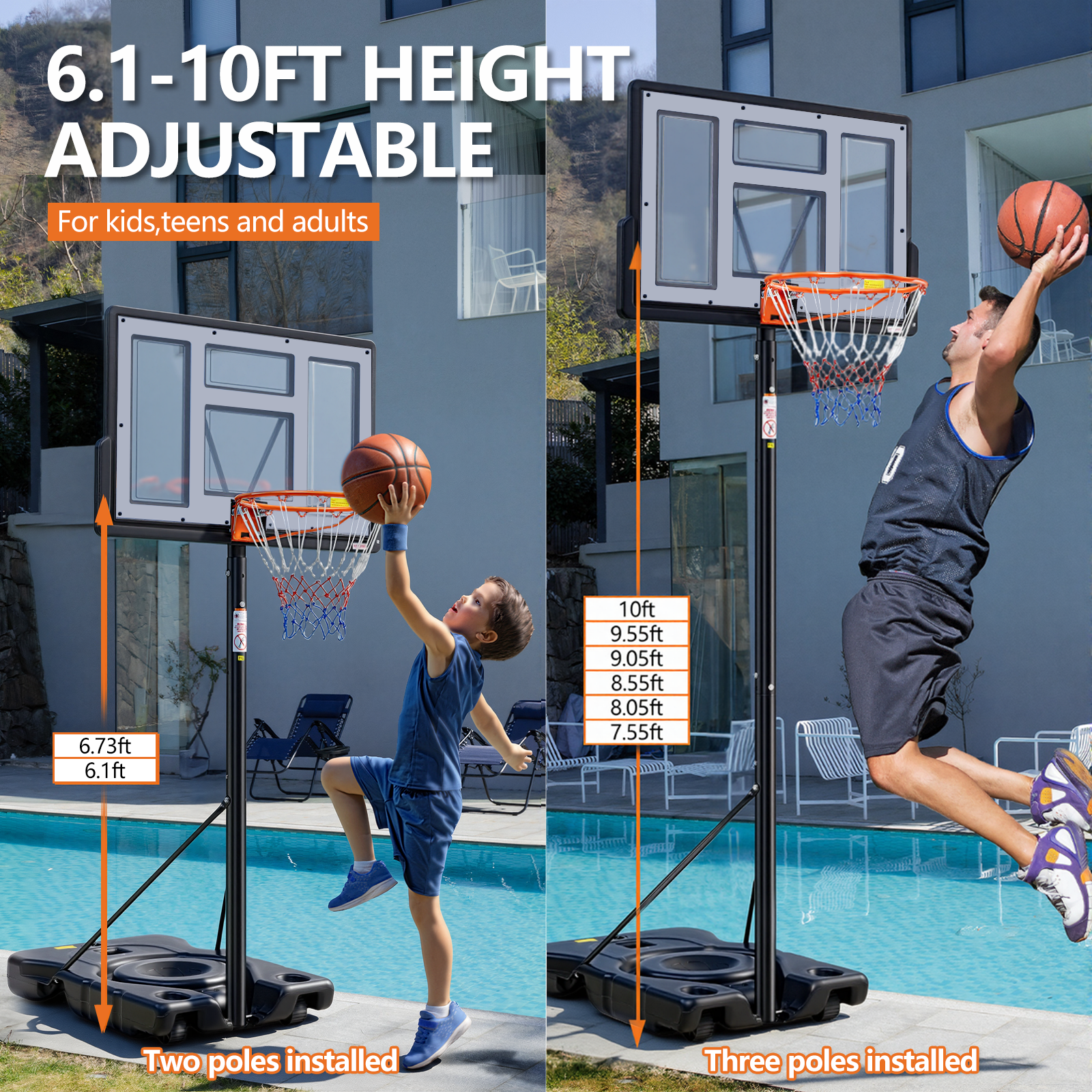 JIOABL 6.1ft-10ft Adjustable Height 44" Outdoor Basketball Hoop for Adult, Grey