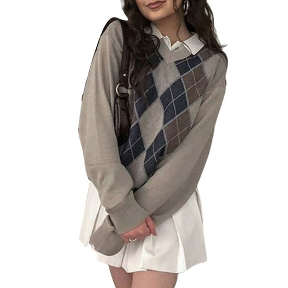 EYIIYE Women's V Neck Sweaters, Classic Long Sleeve Argyle Print Loose Knitted Pullover Tops