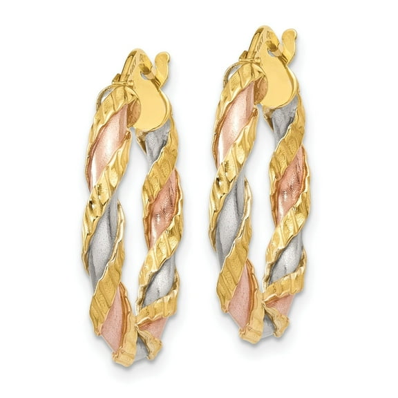 Twisted Hoop Earrings for Women in 14K Tri-Color Gold with White & Rose Rhodium Plating
