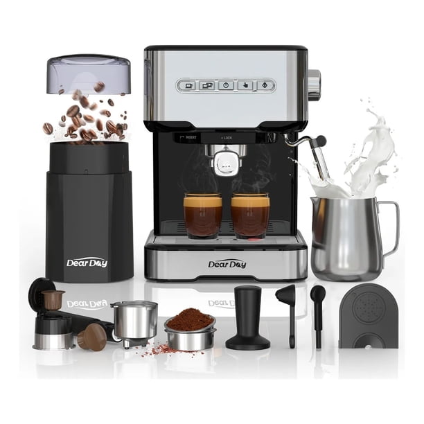 DEAR DAY Cafetera Espresso 20BAR DEAR-006 Equipada con Molino de Café Independiente Porta filtros para Cápsulas Jarra de Acero Inoxidable para Espuma de Leche Tamper Base Para Tamper Cuchara y Cepillo