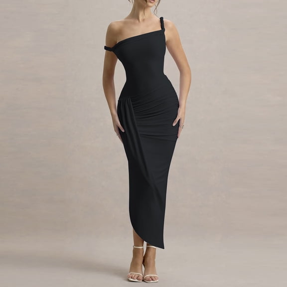 Xdegoge Elegant Evening Dress for Women Maxi Bodycon One Shoulder Sleeveless Summer Dress Solid Ruched Asymmetrical Hem Flattering Party Cocktail Wedding Guest
