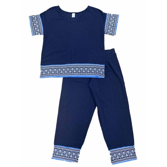Liz Claiborne Womens Navy Blue & White Pattern Short Sleeve Crop Pant Pajama XL