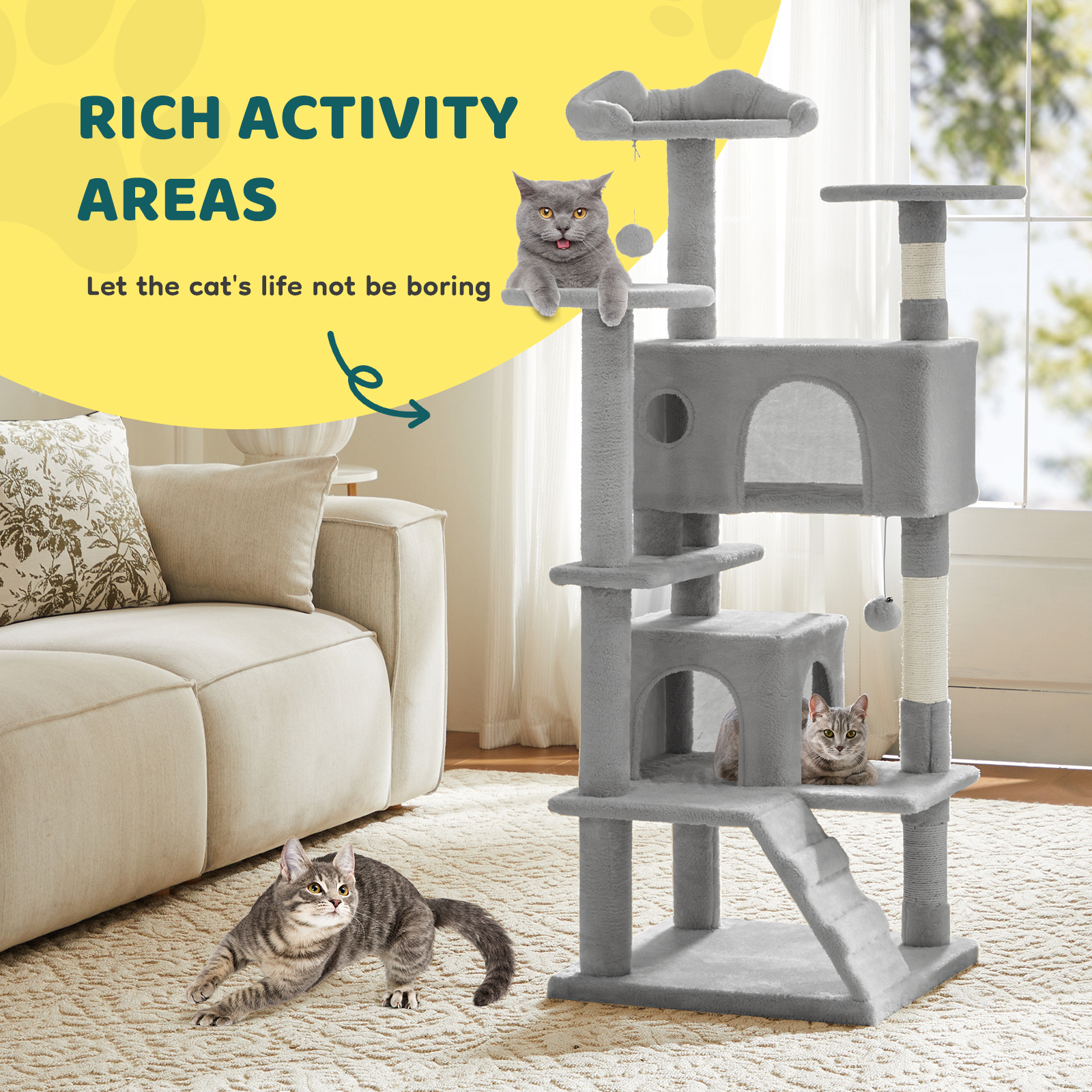 MCQ 54" Cat Tree Tower Multi-level with Scratching Post, Large Condo for Indoor, Light Gray