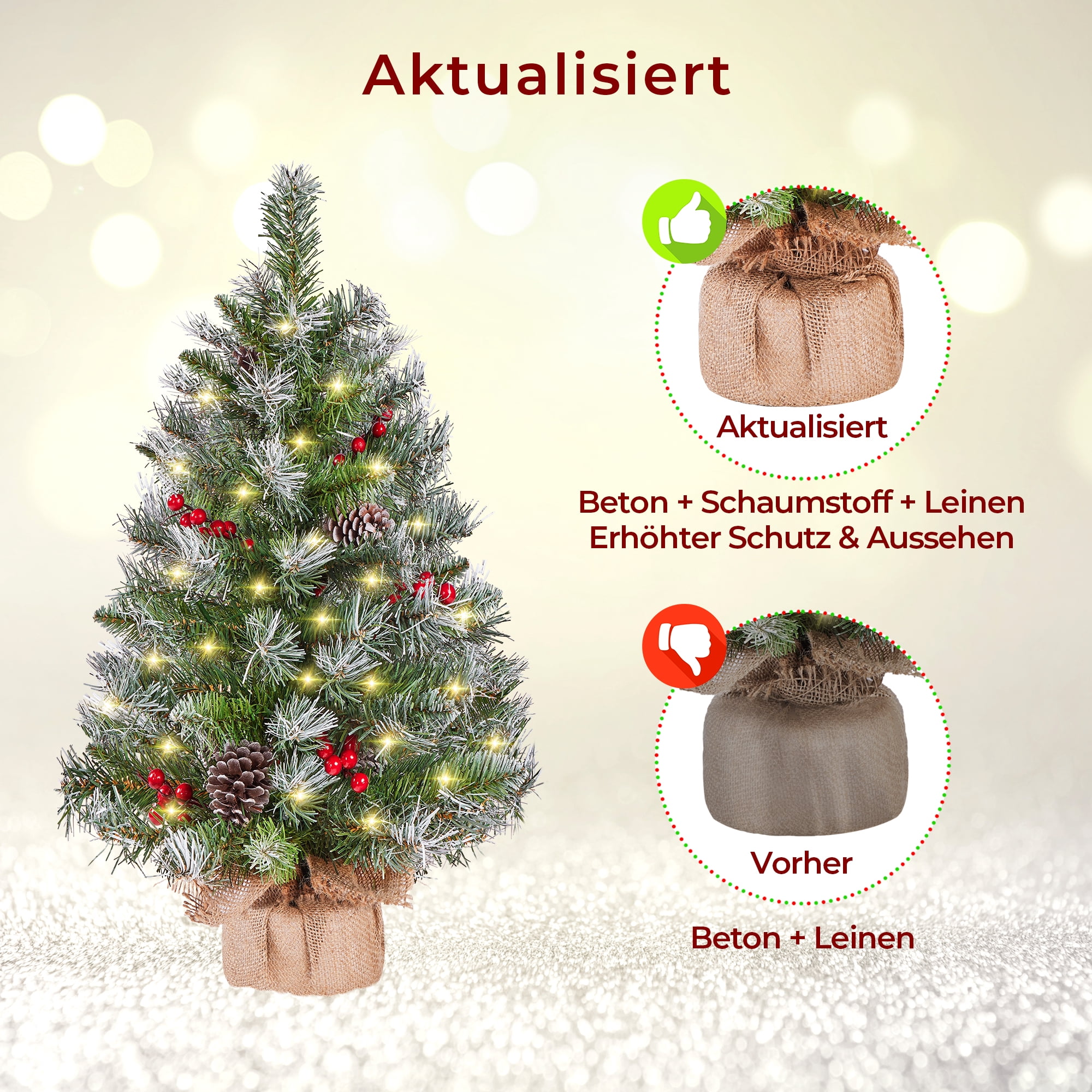Alden Design Set of 2 3FT Frosted Tabletop Christmas Trees with Warm White LED Lights, Pinecones & Berries, Green