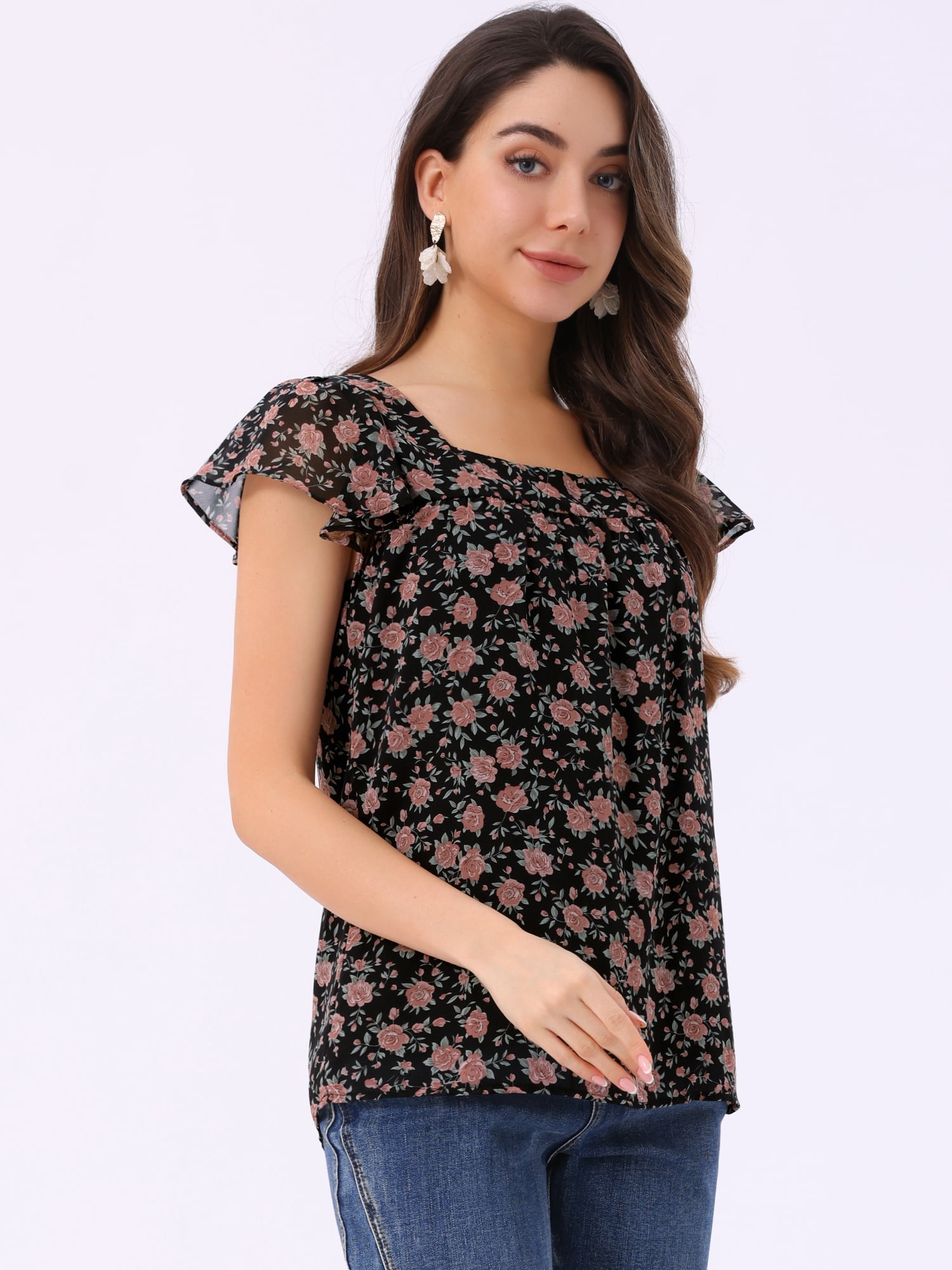 DARING DIVA Women's Floral Ruffle Sleeve Chiffon Blouse Top M Rose Pink Black